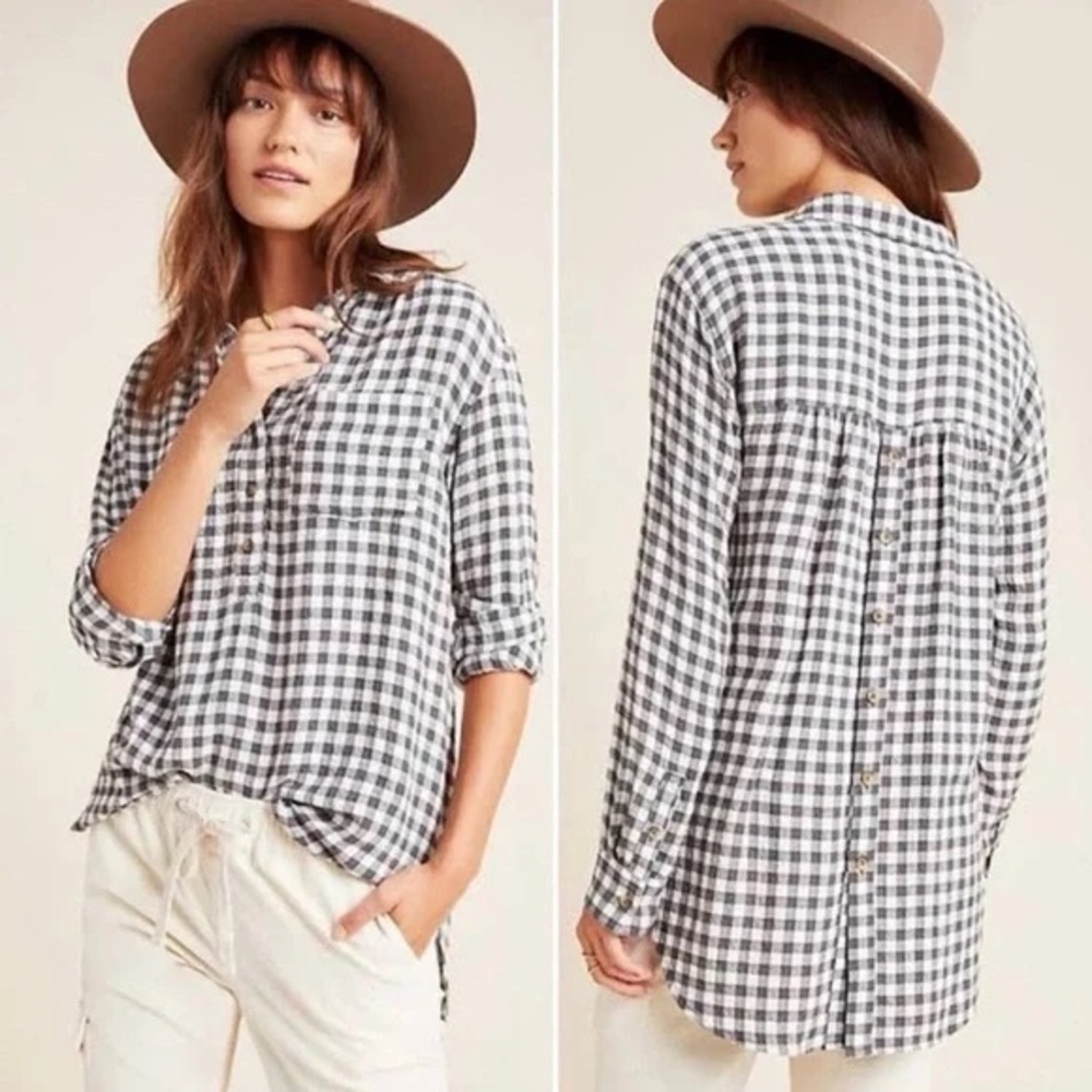 Anthropologie Isadora Button Back Tunic gingham Top‎ size medium